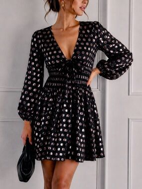 edikted brown dress Mya Off Shoulder Textured Mini - Size:Small (2-4) Bell long sleeves rock n roll bride Pearl Strap NOIR A-Line